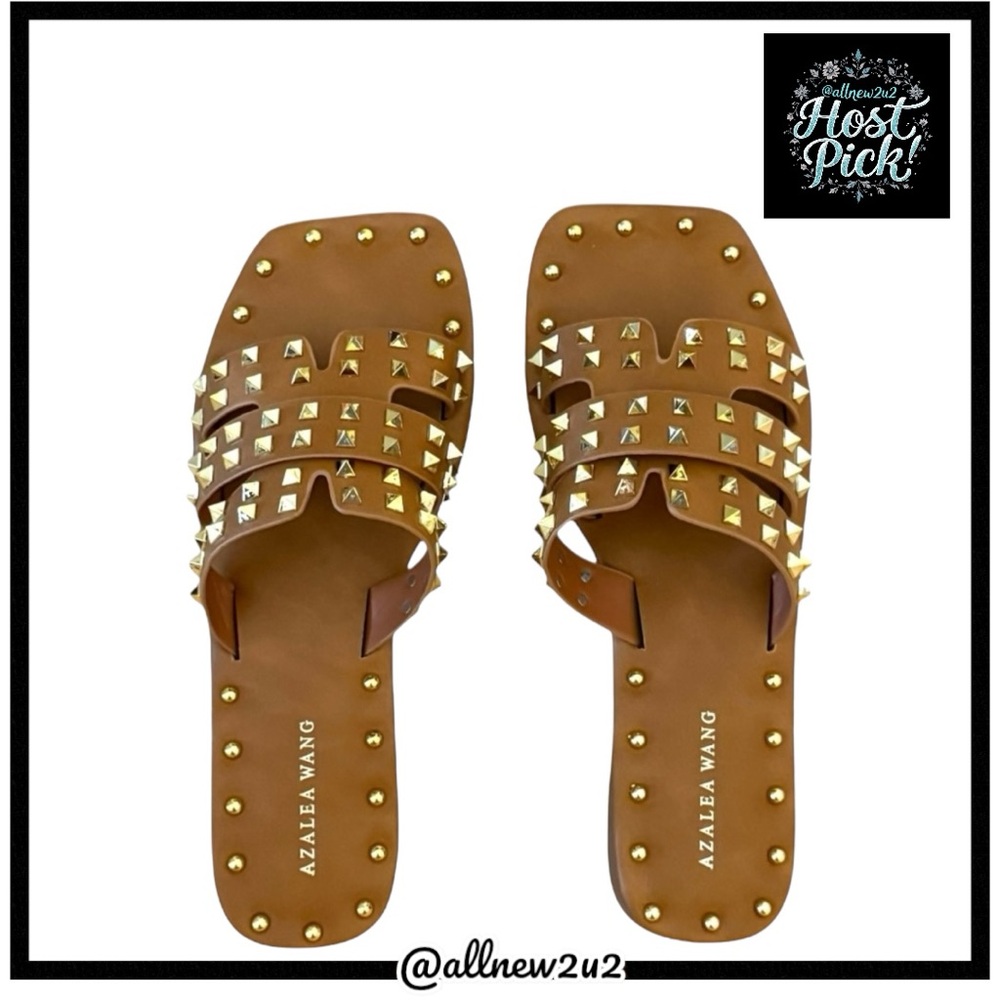 Azalea Wang Archer Gold Studded Sandals in Tan Size 7 - Picture 3 of 17
